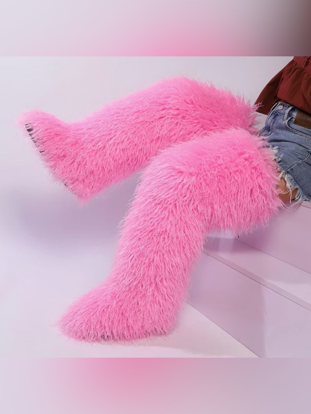 Adorable bubblegum pink over the knee furry boots brand new box